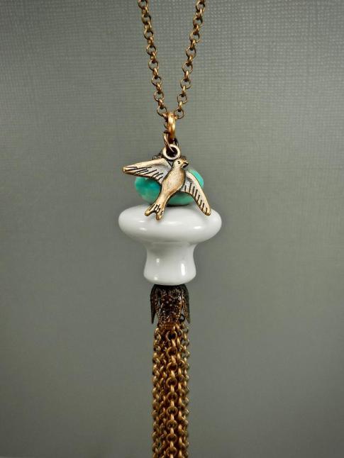 Long ceramic knob necklace with bird charm